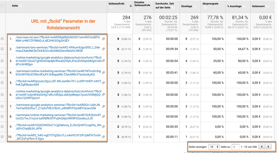 fbclid Parameter in Google Analytics alle Seiten Bericht führt zu Kardinalitätsproblemen