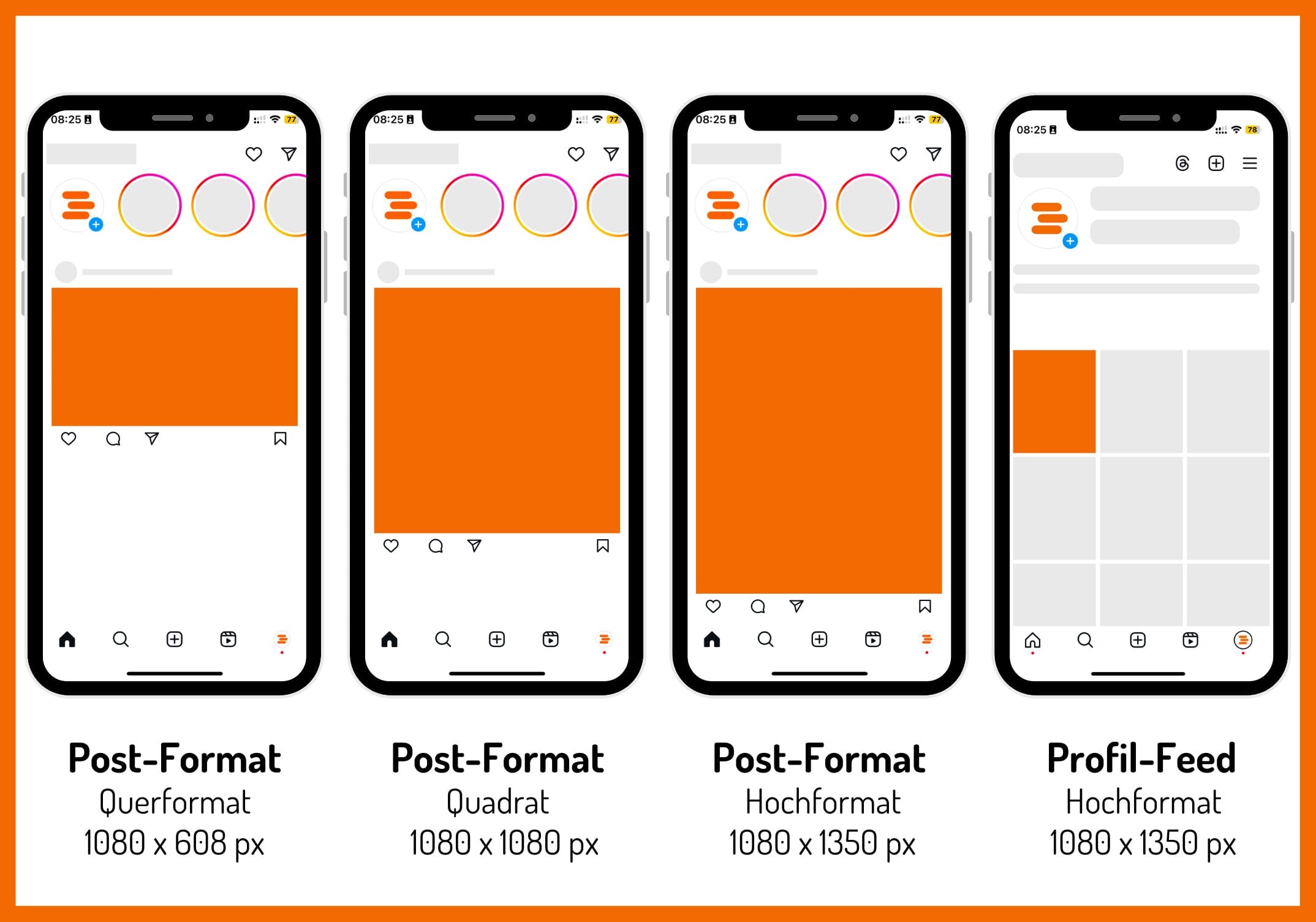 Dieser Screenshot zeigt die verschiedenen Post-Formate, die bei Instagram möglich sind: Querformat (1080 x 608px), Quadrat (1080x1080 px) und Hochformat (1080x1350 px). Im Profil-Feed werden die Beiträge im Hochformat angezeigt. 