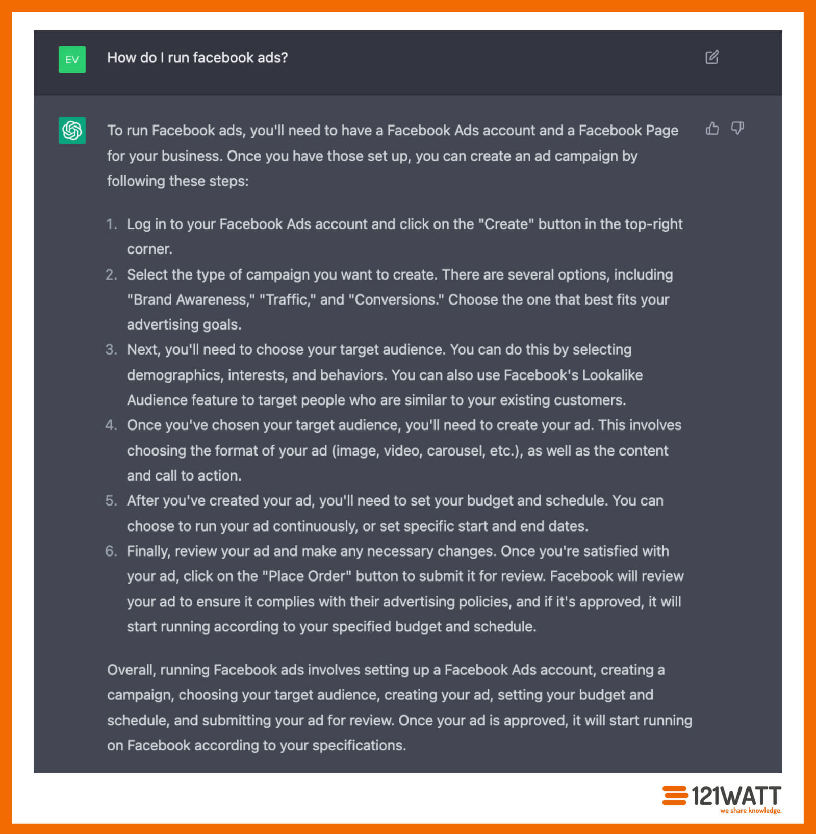 Hier siehst du unsere Anfrage an ChatGPT, wie man Facbook Ads schaltet.