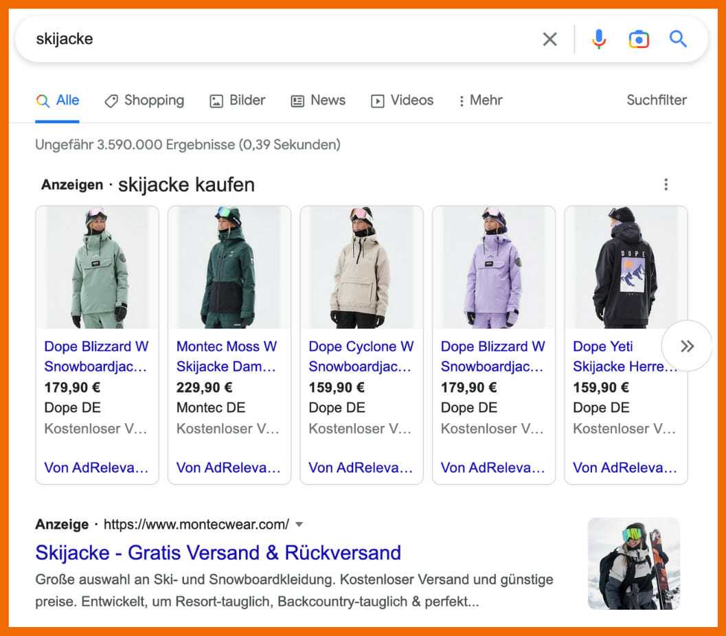 Hier siehst du eine beispielhafte Suche auf Google nach "Skijacken".