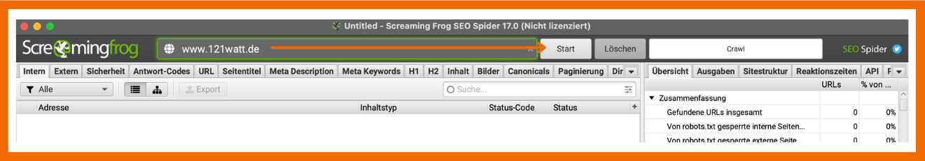 Hier siehst du, wie du im Tool Screaming Frog deine Seite crawlest.