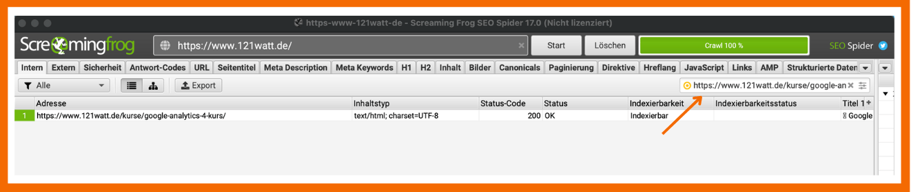Hier siehst du, wo du die URL einer spezifischen Seite im Tool Screaming Frog suchen kannst.