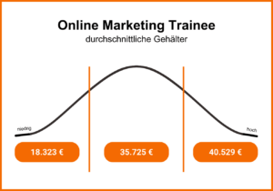 durchschnittliches Gehalt eines Online Marketing Trainees. Niedrig: 18.323 Euro/Jahr; Mittel: 35.725 Euro/Jahr; Hoch: 40.529 Euro/Jahr.