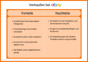 Vorteile von eBay: Du benötigst keine besonderen Fähigkeiten. Produktlistings sind einfach anzulegen. Du kannst nahezu alles verkaufen. Du erreichst viele potenzielle Käufer. Die Risiken sind vergleichsweise gering. Nachteile: Der Markt ist sehr kompetitiv & die Konkurrenz ist groß. Es gibt einschränkende Regeln und Richtlinien. Die Gewinnmargen für beliebte Produkte werden eingeschränkt.