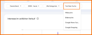 Screenshot aus Google Trends: Oben rechst stellst du den Modus der Suche ein, z. B. YouTube-Suche