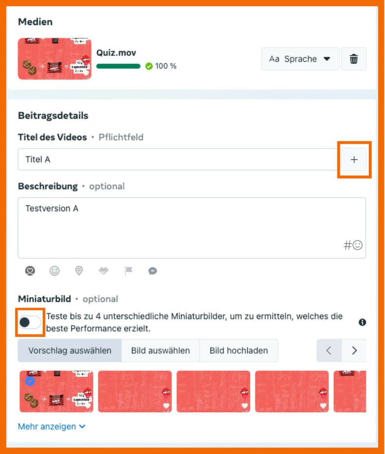Hier siehst du die Möglichkeit für einen A/B-Test für Video Thumbnails und Titel.
