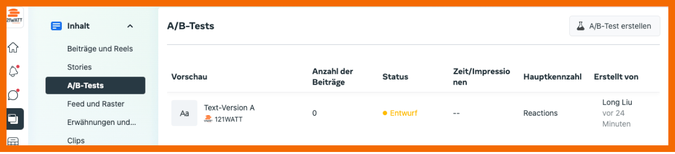 Hier siehst du eine Auflistung aller A/B-Tests.