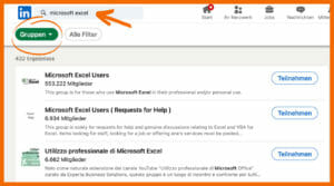 Über die Suche und den Filter "Gruppen" kannst du nach relevanten Gruppen suchen.