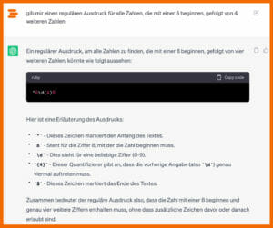 Der Screenshot zeigt eine Unterhaltung mit ChatGPT, in welchem ChatGPT einen RegEx für alle Postleitzahlen erstellt, die mit 8 beginnen.