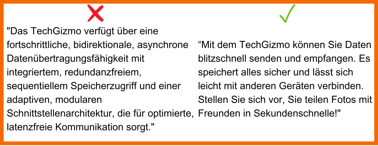 Du siehst jeweils ein Negativ- und Positivbeispiel, wie man einen Text für technische Produkte schreiben kann.