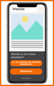 Negativbeispiel: Langer CTA. Verwendest du die CTAs "Ja, ich möchte alle Cookies akzeptieren" und "Ablehnen", werden sich viele User:innen für Ablehnen entscheiden, da der CTA kürzer und einfacher zu lesen ist. 