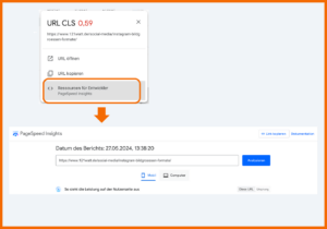 Über die Schaltfläche "Ressourcen für Entwickler" gelangst du direkt zu den PageSpeed Inisghts und erhältst dort weitere Infos dazu, warum die Core Web Vitals deiner Seite nicht gut performen.