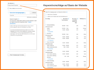 Hier siehst du, wie Microsoft Kexwrodvorschläge auf Basis deiner Website macht. Du kannst die Vorschläge annehmen oder nicht.