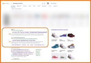 Responsive Suchanzeigen werden auf der SERP unter den (wenn vorhanden) Shoppinganzeigen und über den organischen Ergebnisse angezeigt.