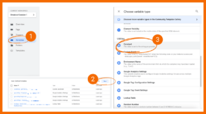 Hier legst du neue konstante Variablen im GTM an: 1. Variables, 2. New, 3. Constant