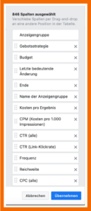 Wichtige Metriken in Meta Ads: Anzeigengruppe, Gebotsstrategie, Budget, Letzte bedeutende Änderung, Ende, Name der Anzeigengruppe, Kosten pro Ergebnis CPM, CTR, CTR, Frequenz, Recihweite, CPC