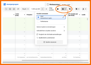 Hier siehst du, wo du im Meta Werbeanzeigenmanager die Spalten anpassen kannst.