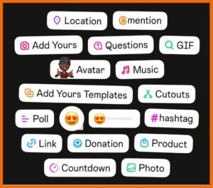 Hier sind die verschiedenen interaktiven Elemente von Instagram zu sehen, die man in eine Story einbauen kann.