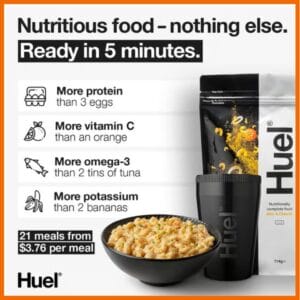 Huel Copywriting Social Ad Beispiel. Anstatt technische Beschreibungen zu verwenden, setzt das Unternehmen auf leicht vorstellbare Vergleiche.