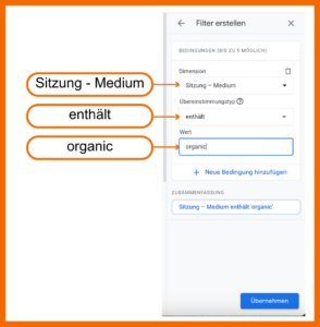 So erstellst du einen Filter in GA4, damit du ausschließlich Sitzungen siehst, die organisch entstanden sind: 1. Als Dimension wählst du "Sitzung - Medium" 2. der Übereinstimmungstyp ist "enthält" 3. Bei Wert trägst du "organic" ein. 4. Anschließend klickst du auf "Übernehmen".