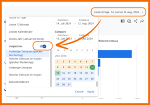 Um Zeitliche Perioden in GA4 vergleichen zu können, wählst du zunächst einen gewünschten Zeitraum aus. Anschließend setzt du den Regler bei "Vergleichen" auf "an" und wählst den Zeitraum, mit dem der erste Zeitraum verglichen werden soll.