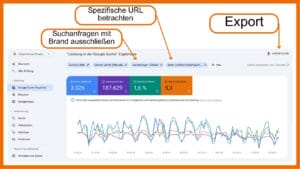 Filter in der GSC müssen wie folgt eingestellt werden: Suchtyp = Web; Datum: Nach Wunsch, wir haben die letzten 3 Monate genommen; Suchanfrage: Brandbegriffe ausschließen; Seite: Gib hier die URL der Seite an, für die du dich aktuell interessierst.