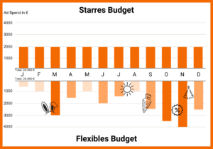 Diese Grafik zeigt ein Beispiel, wie ein Jahresbudget von 24.000 Euro in Google Ads aufgeteilt werden könnte. 