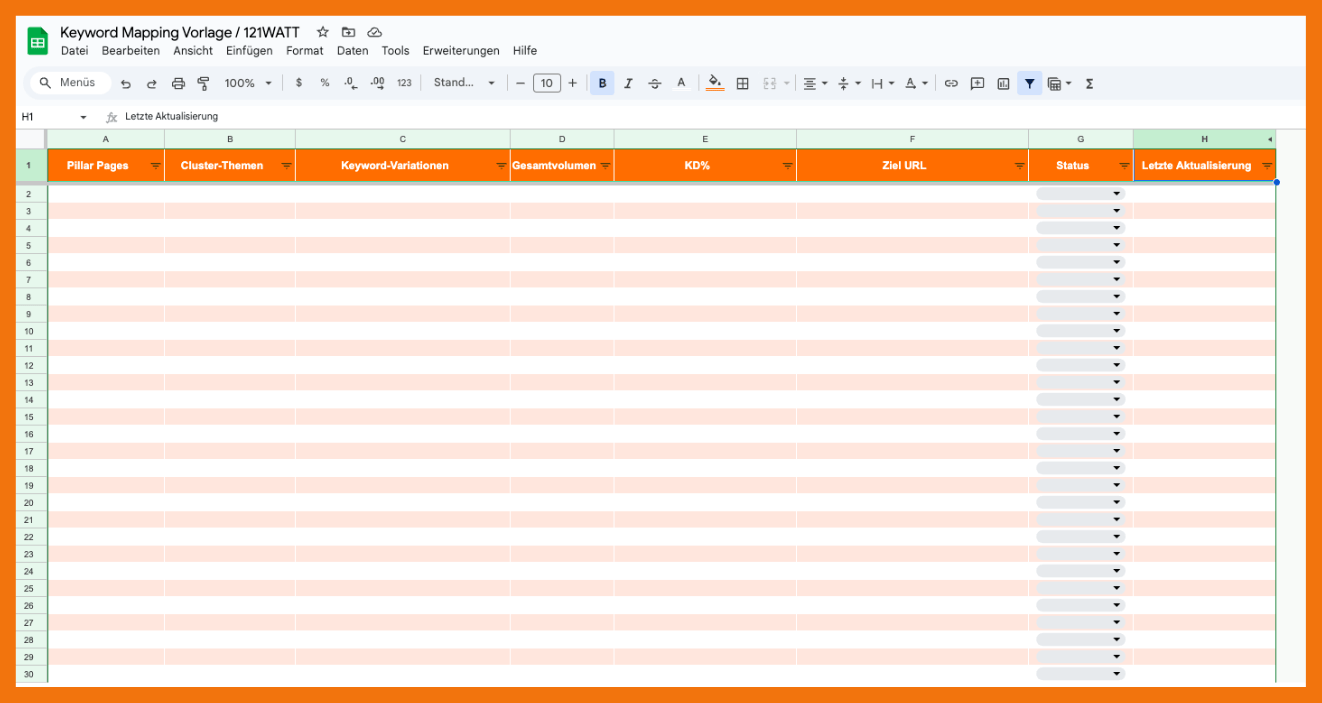 Verwende diese Keyword Mapping Vorlage und folge den Anweisungen der Anleitung, um deine eigene Version zu erstellen