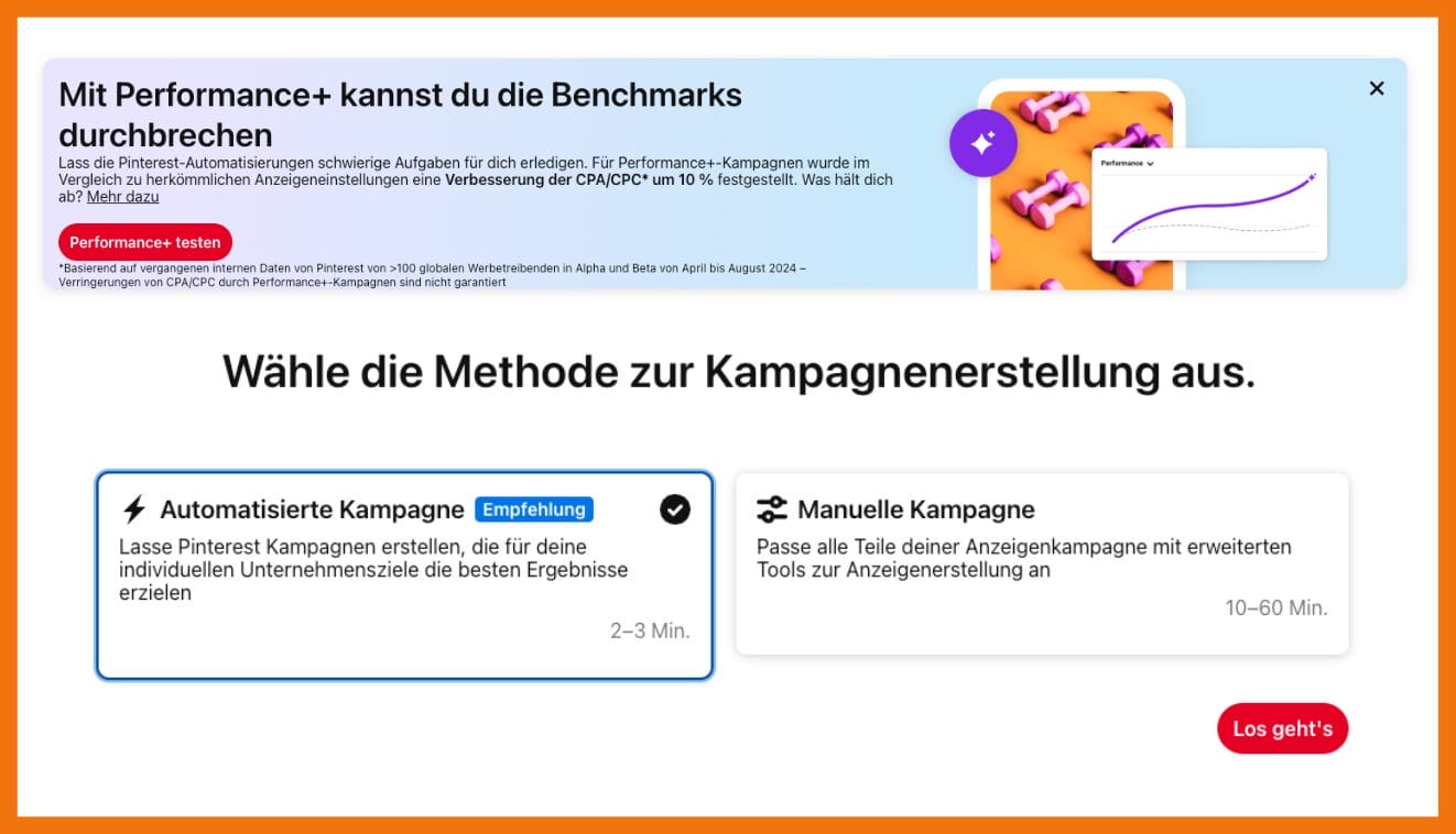 der Screenshot zeigt, wie man im Pinterest Kampagnenmanager eine Performance+ Kampagne auswählt, und dass sie in. nur 2-3 Minuten erstellt ist.