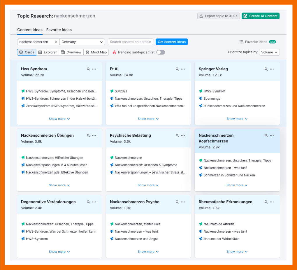 Beispiel aus dem SEMrush Topic Research Tool zum Thema Nackenschmerzen