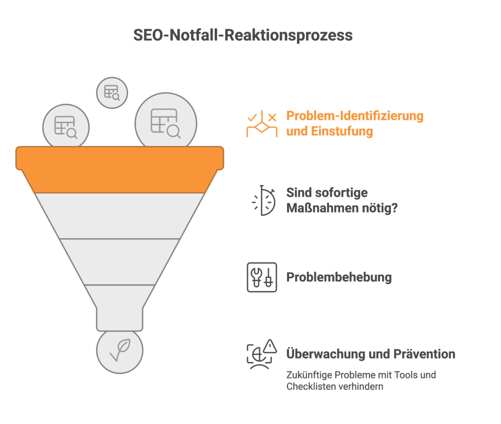 SEO-Notfall_reaktionsprozess: Problem-Identifizierung und Einstufung, Sind sofortige Maßnahmen nötig?, Problembehebung, Überwachung und Prävention