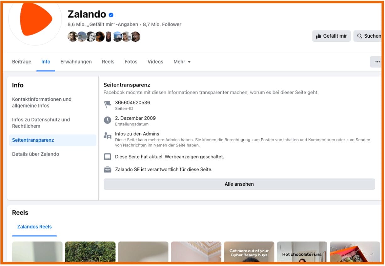 Facebook Seite von Zalando