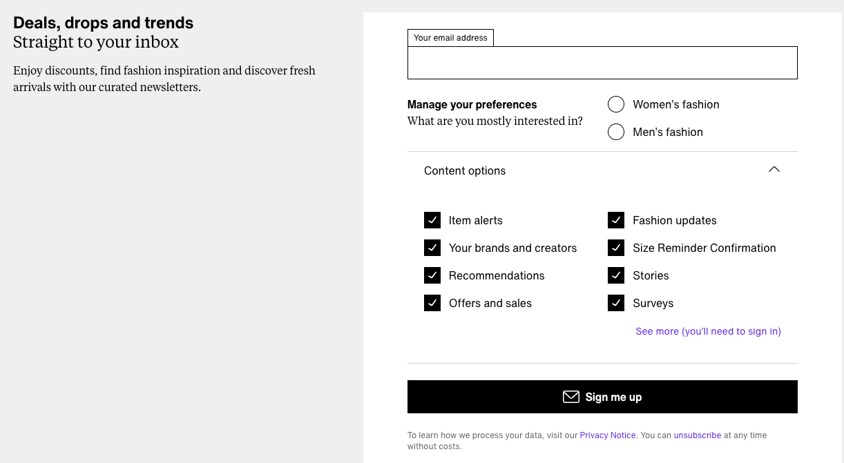 Der Screenshot zeigt das Opt-In-Formular von Zalando